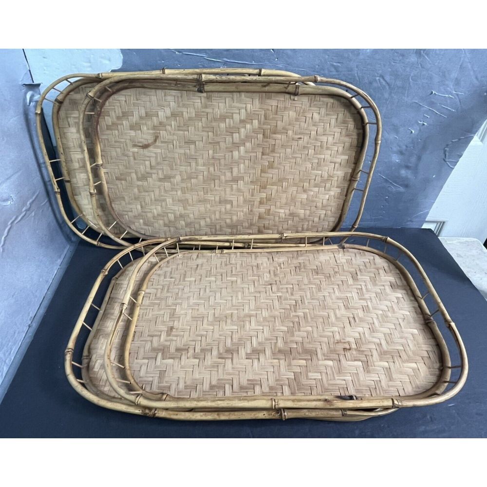 LOT 4‎ RETRO BAMBOO/RATTAN SERVING TRAYS DINNER/BREAKFAST 1"X13"X19" TAIWAN VTG